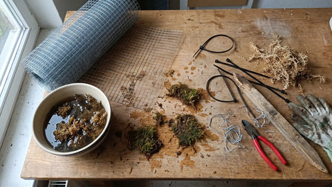 Material für einen selbstgebauten Moosstab: Drahtgitter, eingeweichtes Sphagnum Moos, Kabelbinder und Werkzeug auf einem Arbeitstisch
